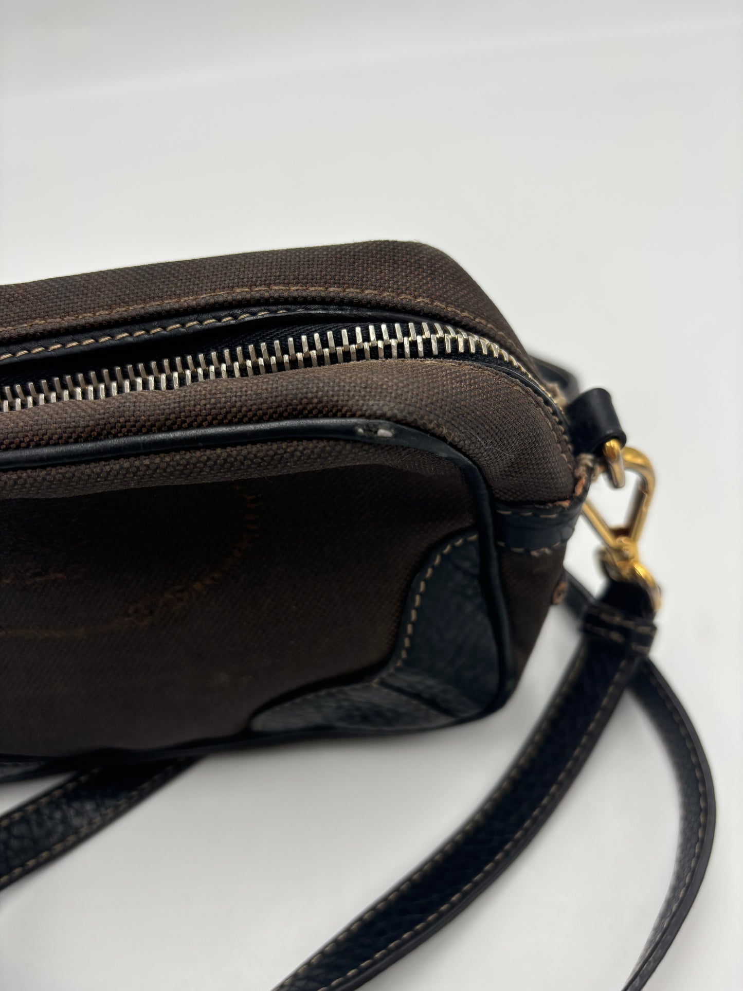 Prada Mini Zip Crossbody Bag Canvas and Leather, Brown, Canvas, Backpack