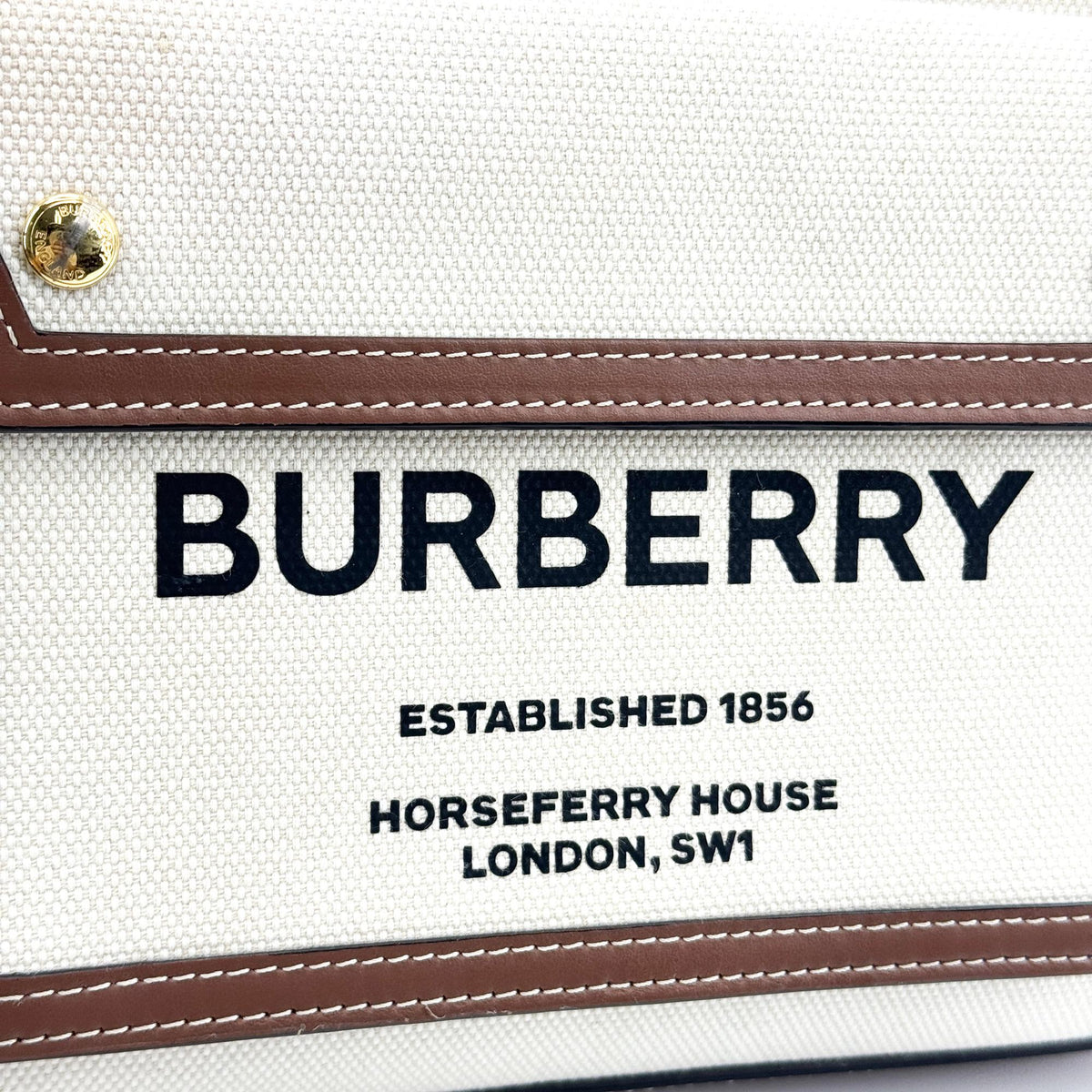 Burberry Logo Pocket Canvas with Leather, Brown, Canvas, Tote Bag