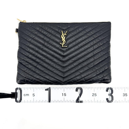 Saint Laurent Classic Monogram Wristlet Matelasse Chevron Leather, Black, Leather, Clutch