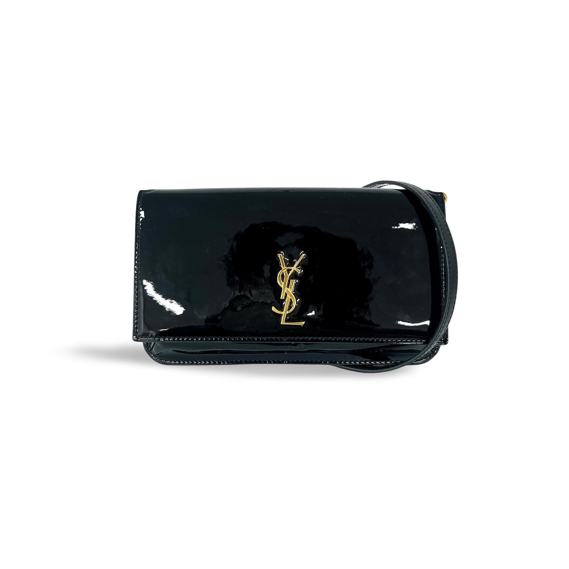 Saint Laurent Cassandre Flap Wristlet Pouch Patent, Black, Patent Leather, Handbag