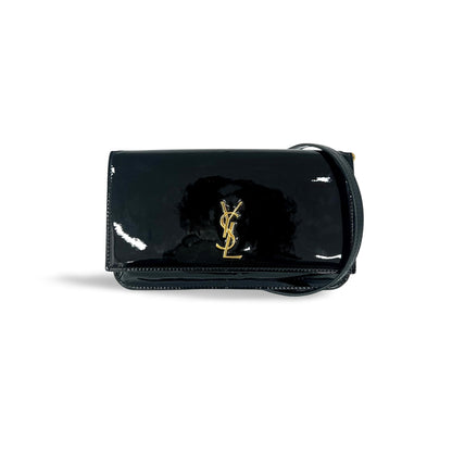 Saint Laurent Cassandre Flap Wristlet Pouch Patent, Black, Patent Leather, Handbag