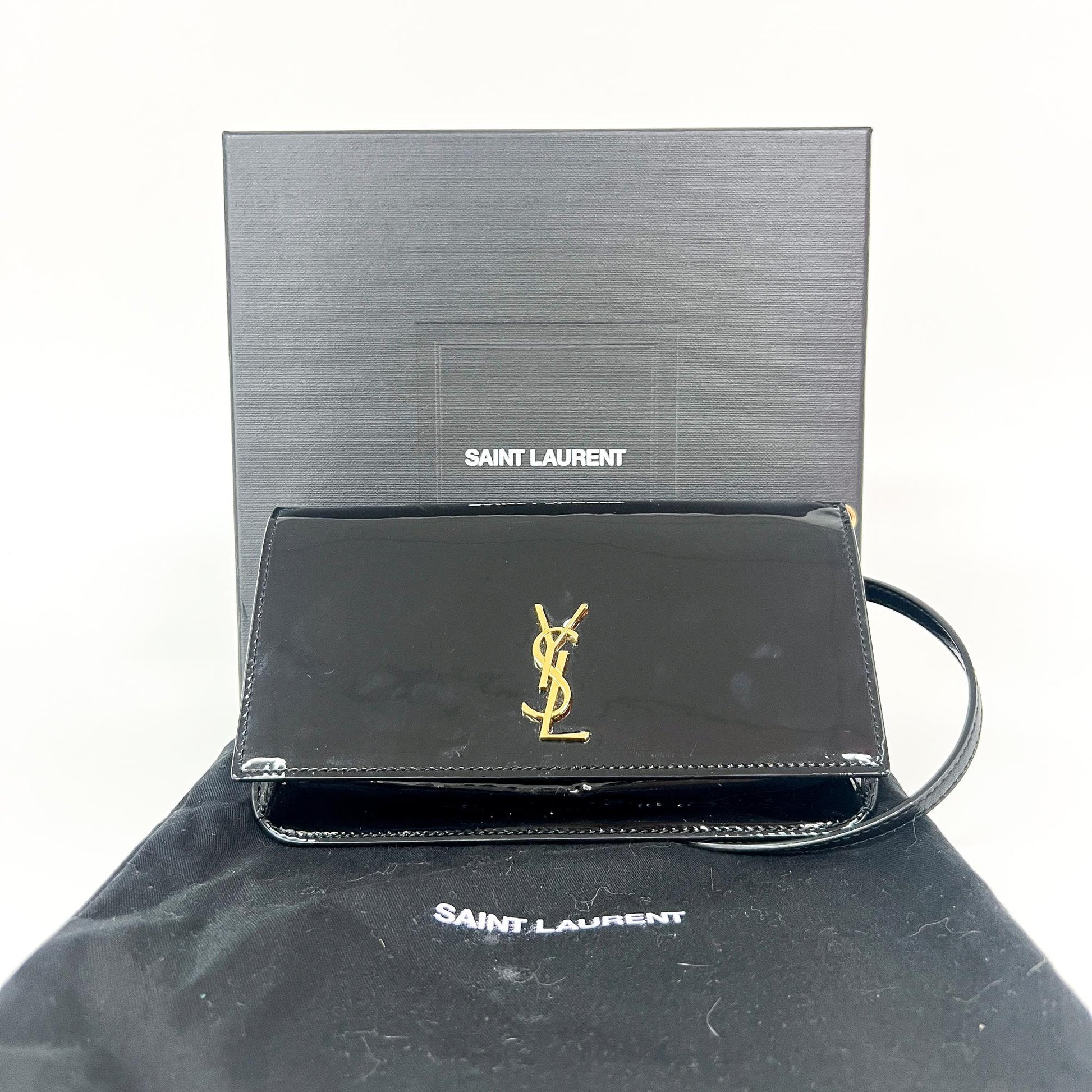 Saint Laurent Cassandre Flap Wristlet Pouch Patent, Black, Patent Leather, Handbag