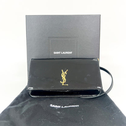 Saint Laurent Cassandre Flap Wristlet Pouch Patent, Black, Patent Leather, Handbag