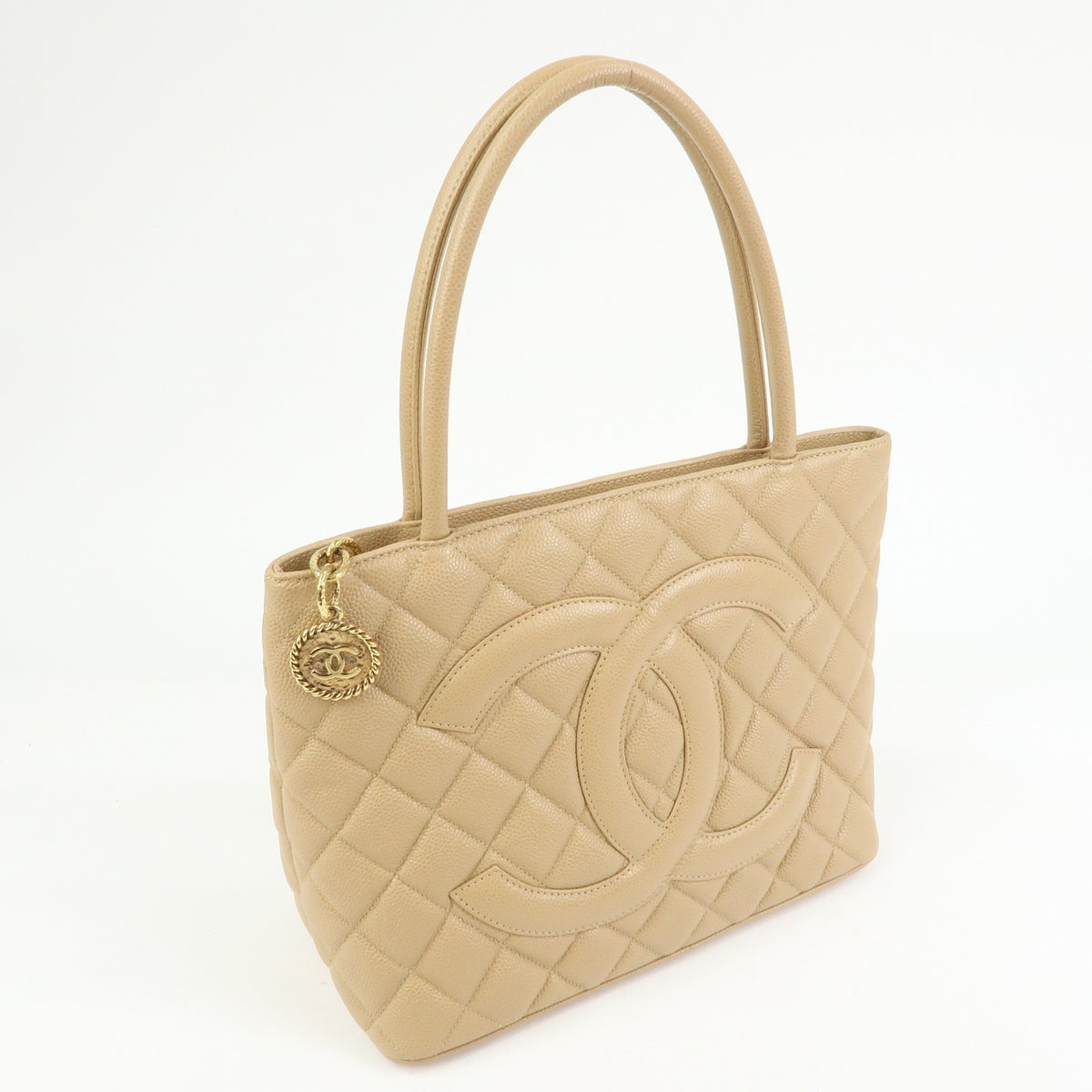 Chanel Medallion Quilted Lambskin, Beige, Calfskin, Tote Bag