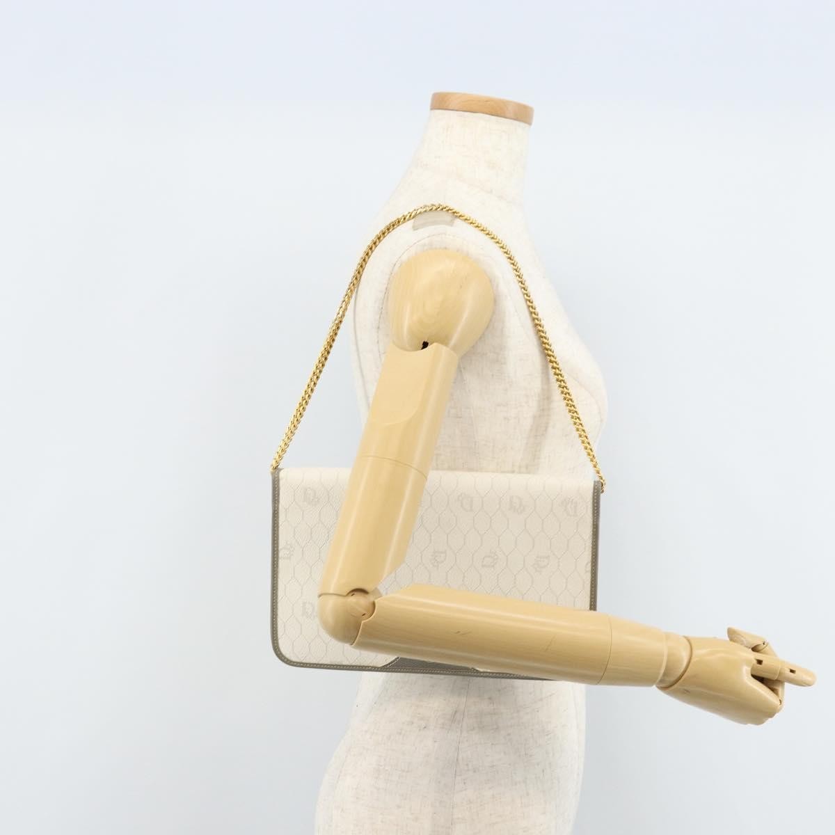 Christian Dior Vintage Honeycomb chain Canvas, White, Canvas, Shoulder Bag