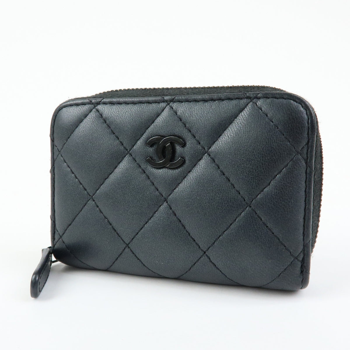 Chanel So Black CC Zip Coin Purse Quilted Lambskin, Black, Leather, Wallet