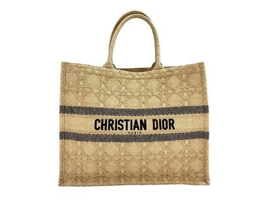 Christian Dior Book Cannage Embroidered Raffia, Beige, Canvas, Tote Bag