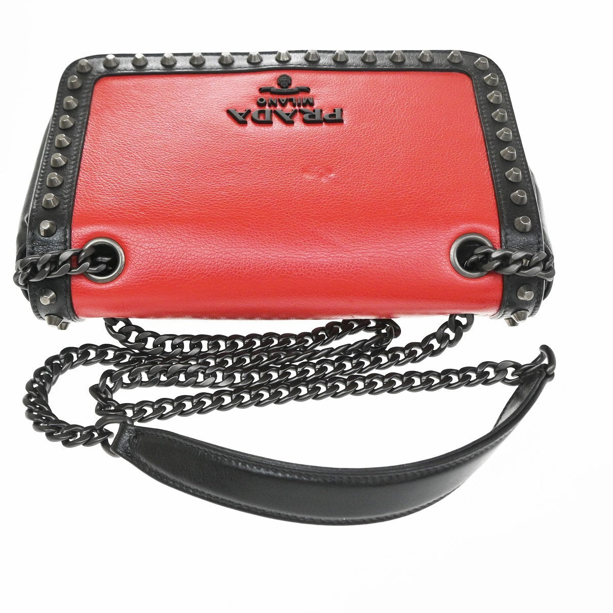 Prada Chain Flap Bag Studded Glace Calf, Red, Leather, Shoulder Bag