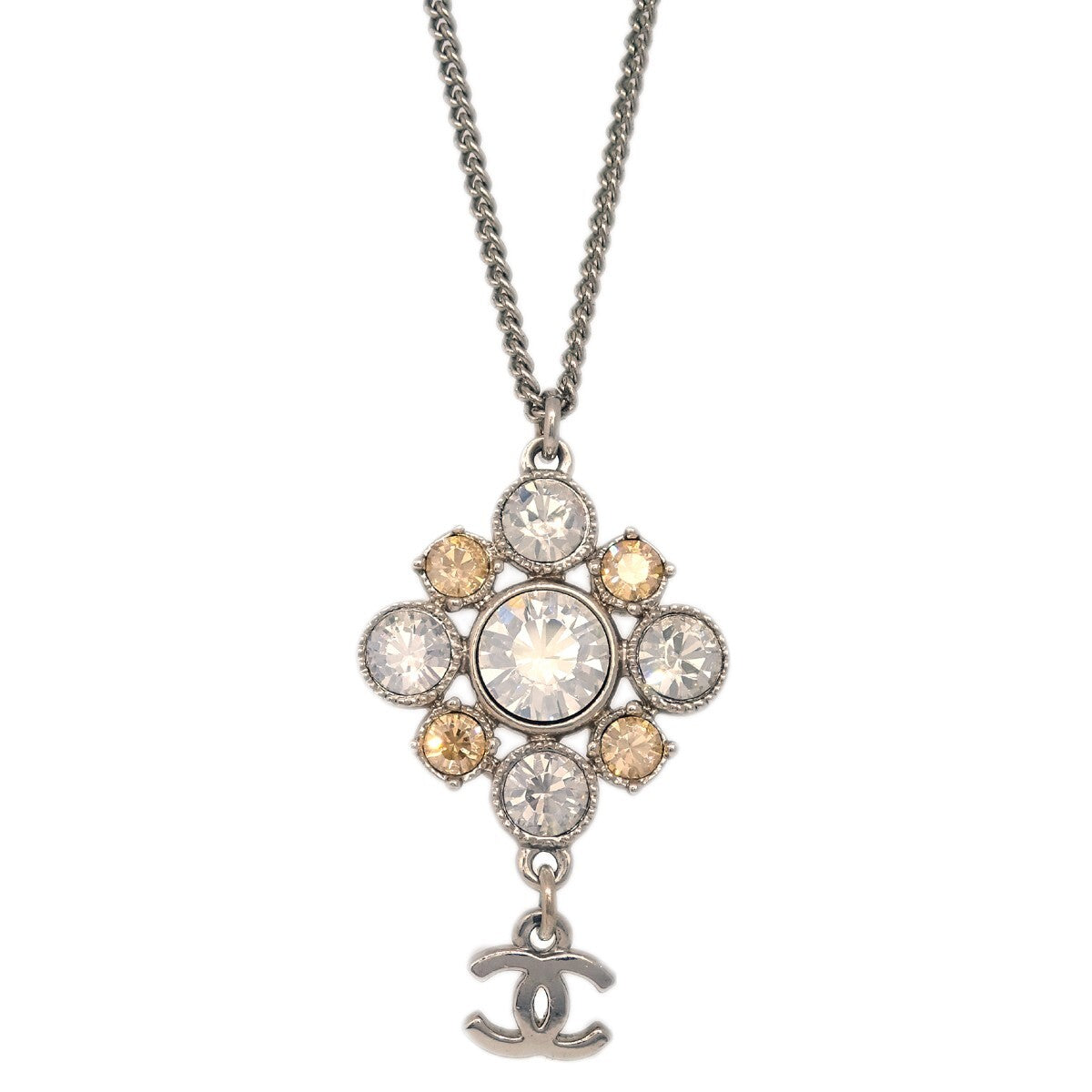 Chanel CC Cluster Drop Pendant Metal with Crystals, Silver, Silver Plated, Necklace