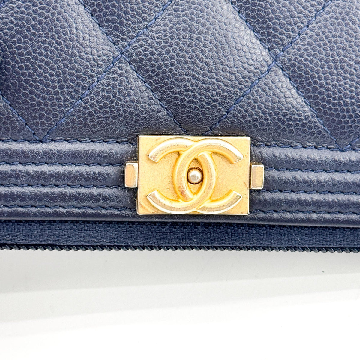 Chanel Boy Zip Around Quilted Caviar, Black, Leather, Wallet
