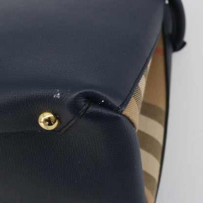 Burberry Banner Leather and House Check Canvas, Navy, Leather, Tote Bag