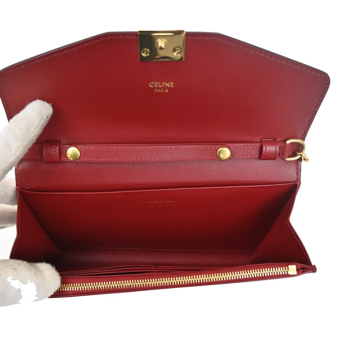 Celine C Wallet on Chain Leather, Black, Leather, Clutch