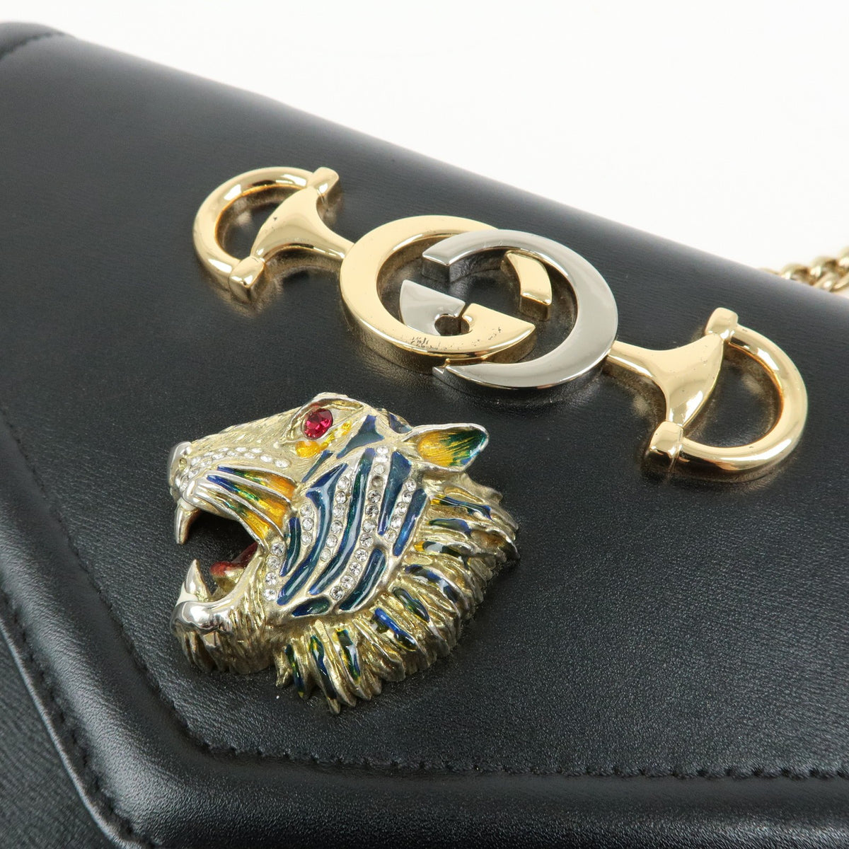 Gucci Rajah Chain Leather, Black, Leather, Tote Bag