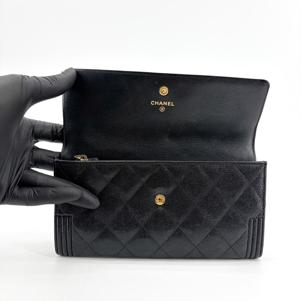 Chanel Boy Flap Quilted Caviar, Black, Leather, Wallet