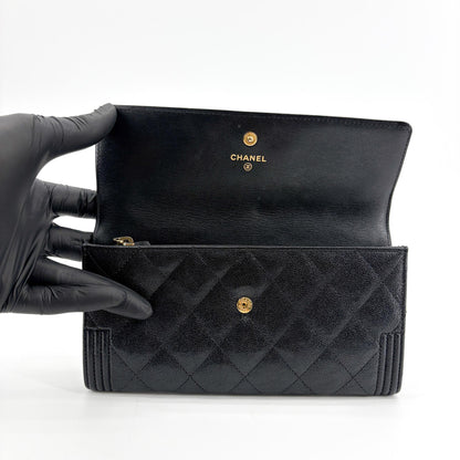 Chanel Boy Flap Quilted Caviar, Black, Leather, Wallet