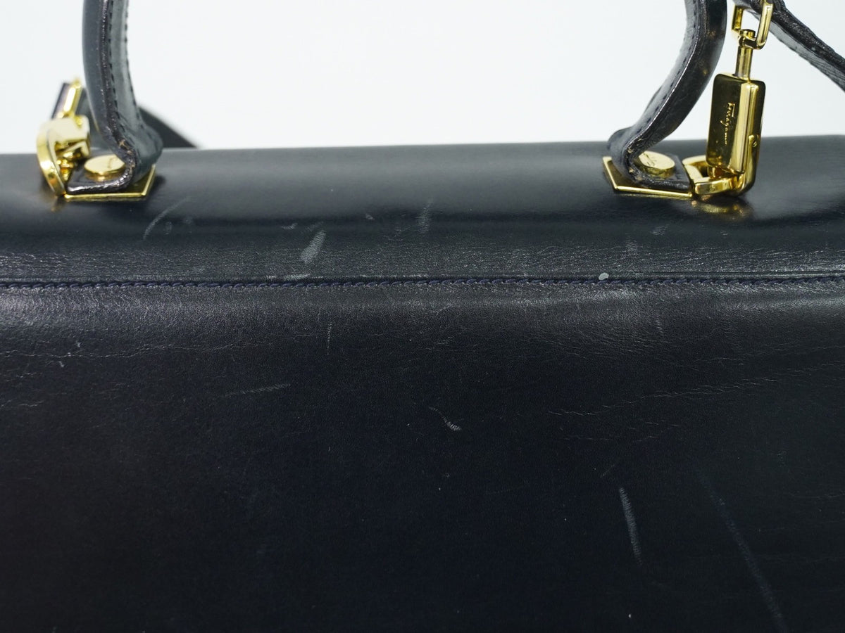 Salvatore Ferragamo Convertible Top Handle Leather, Navy, Leather, Handbag