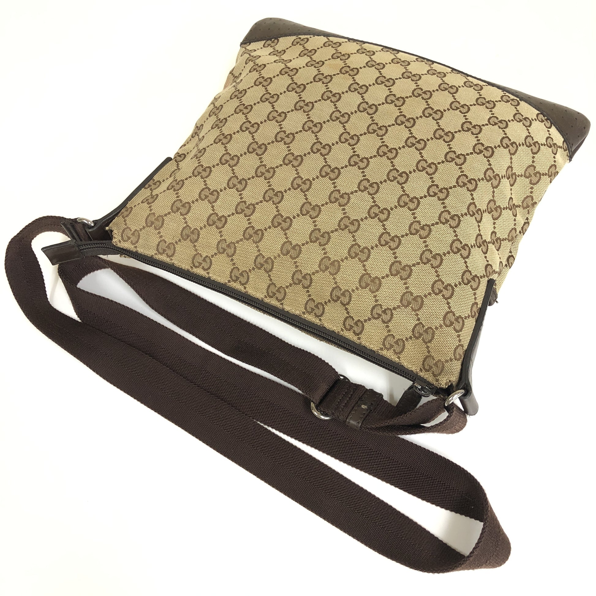 Gucci Zip Messenger GG Canvas with Perforated Leather, Beige, Canvas, Shoulder Bag