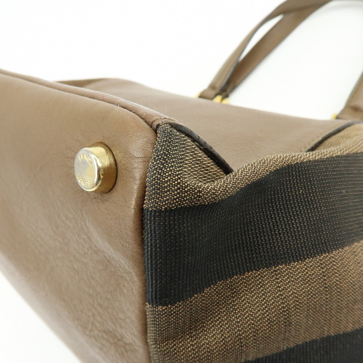 Fendi Boxy Leather with Pequin Canvas, Brown, Leather, Tote Bag