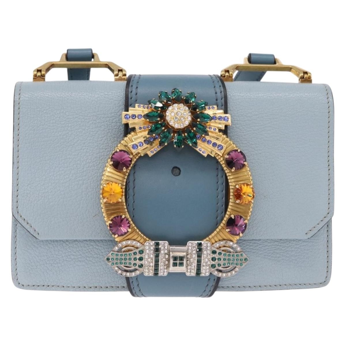 Miu Miu Madras Crystal Buckle Leather, Blue, Leather, Shoulder Bag