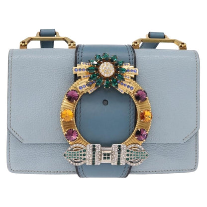 Miu Miu Madras Crystal Buckle Leather, Blue, Leather, Shoulder Bag