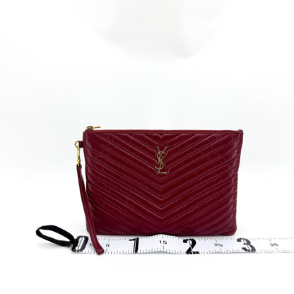 Saint Laurent Classic Monogram Wristlet Matelasse Chevron Leather, Burgundy, Leather, Clutch