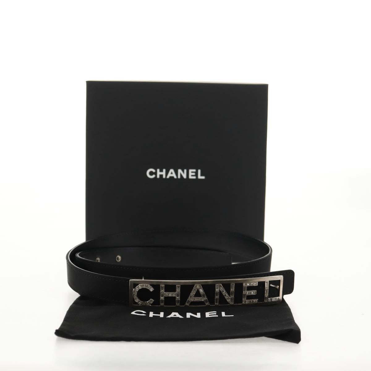 Chanel Logo Belt Leather with Metal and Crystals, Black, Leather, Belt