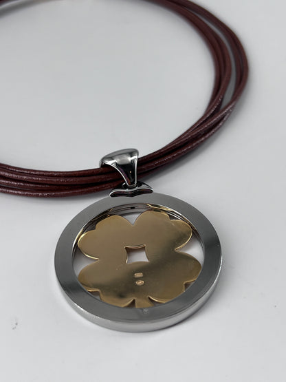 Bvlgari Tondo Clover Pendant Necklace Stainless Steel with 18K Yellow Gold and Cord, BROWN, YELLOW_GOLD, Necklace