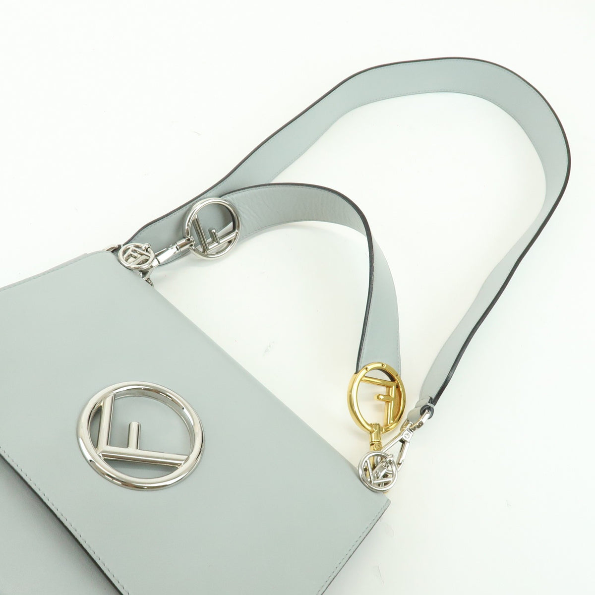 Fendi Kan I F Leather, Gray, Leather, Shoulder Bag