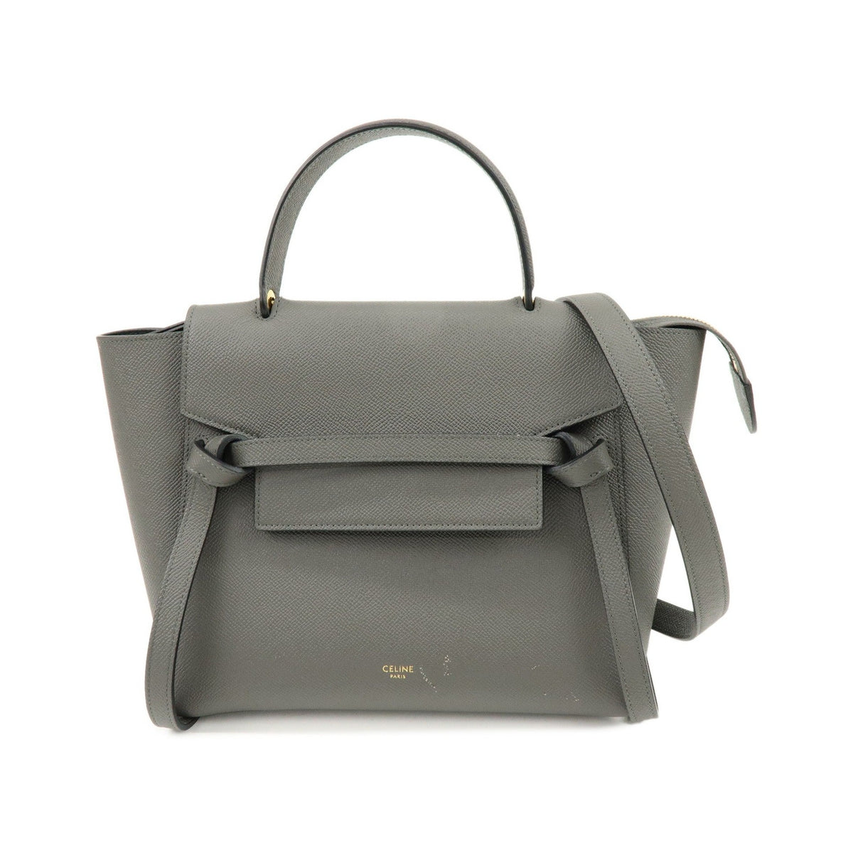 Celine Belt Textured Leather, Gray, Leather, Handbag