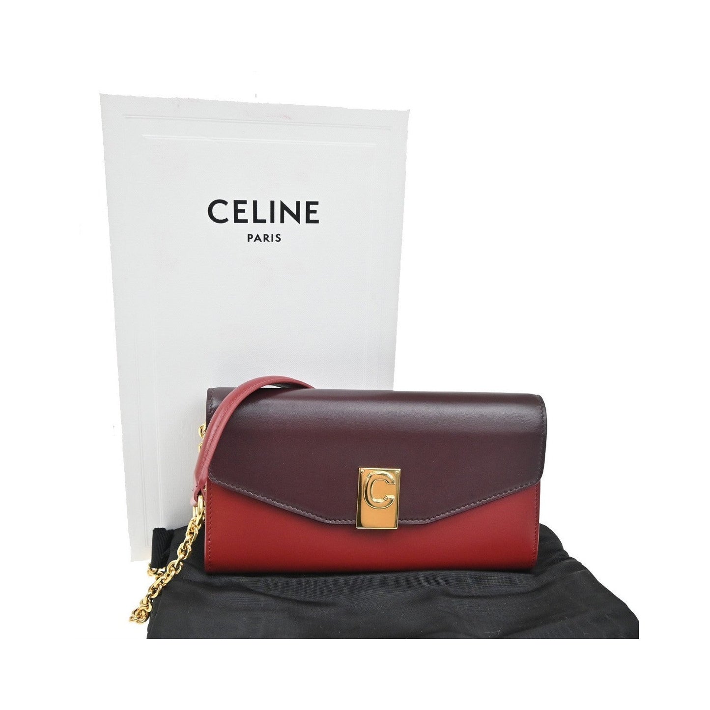 Celine C Wallet on Chain Leather, Black, Leather, Clutch