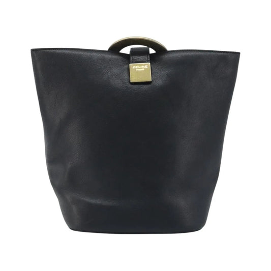 Celine Circle Logo Leather, Black, Leather, Handbag