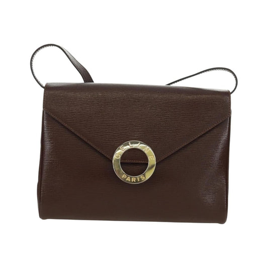 Celine Circle Logo Leather, Brown, Leather, Shoulder Bag