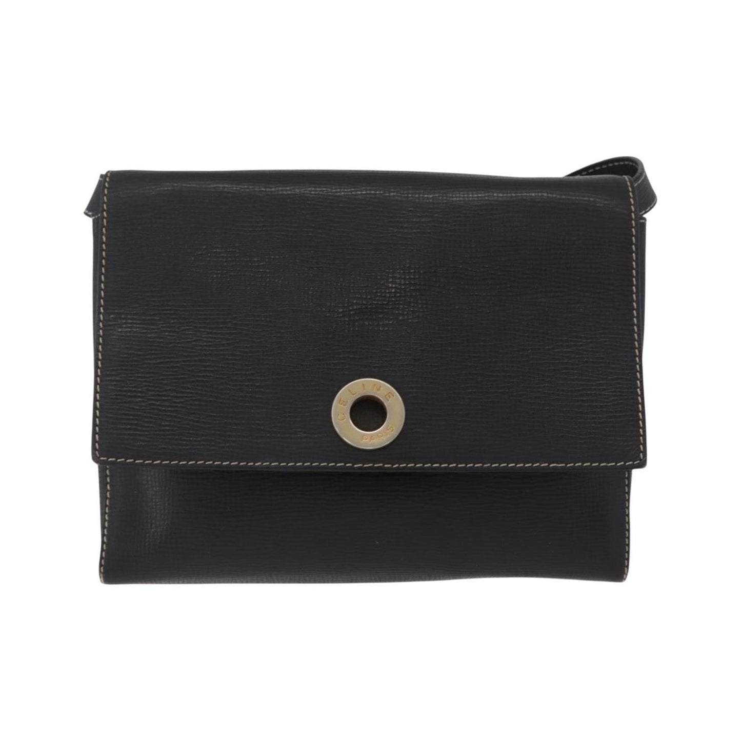 Celine Circle Logo Leather, Black, Leather, Shoulder Bag