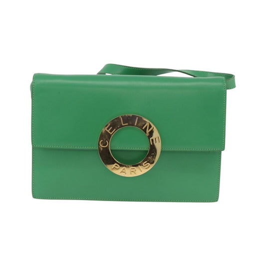 Celine Circle Logo Leather, Green, Leather, Shoulder Bag