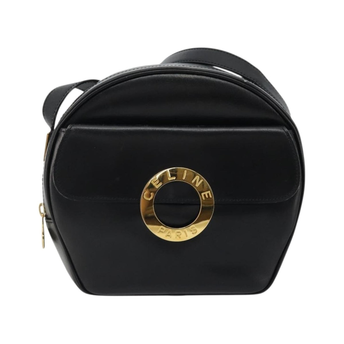 Celine Circle Logo Leather, Black, Leather, Shoulder Bag