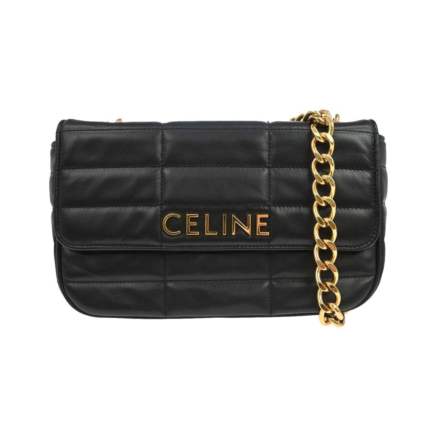 Celine Logo Chain Flap Quilted Goatskin, Black, Leather, Shoulder Bag