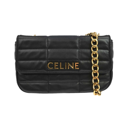 Celine Logo Chain Flap Quilted Goatskin, Black, Leather, Shoulder Bag