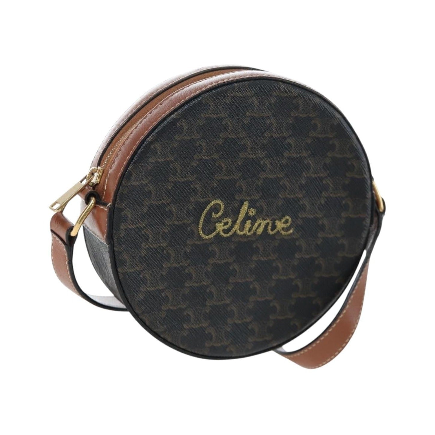 Celine Round Purse on Strap Triomphe Coated Canvas, Black, PVC, Shoulder Bag