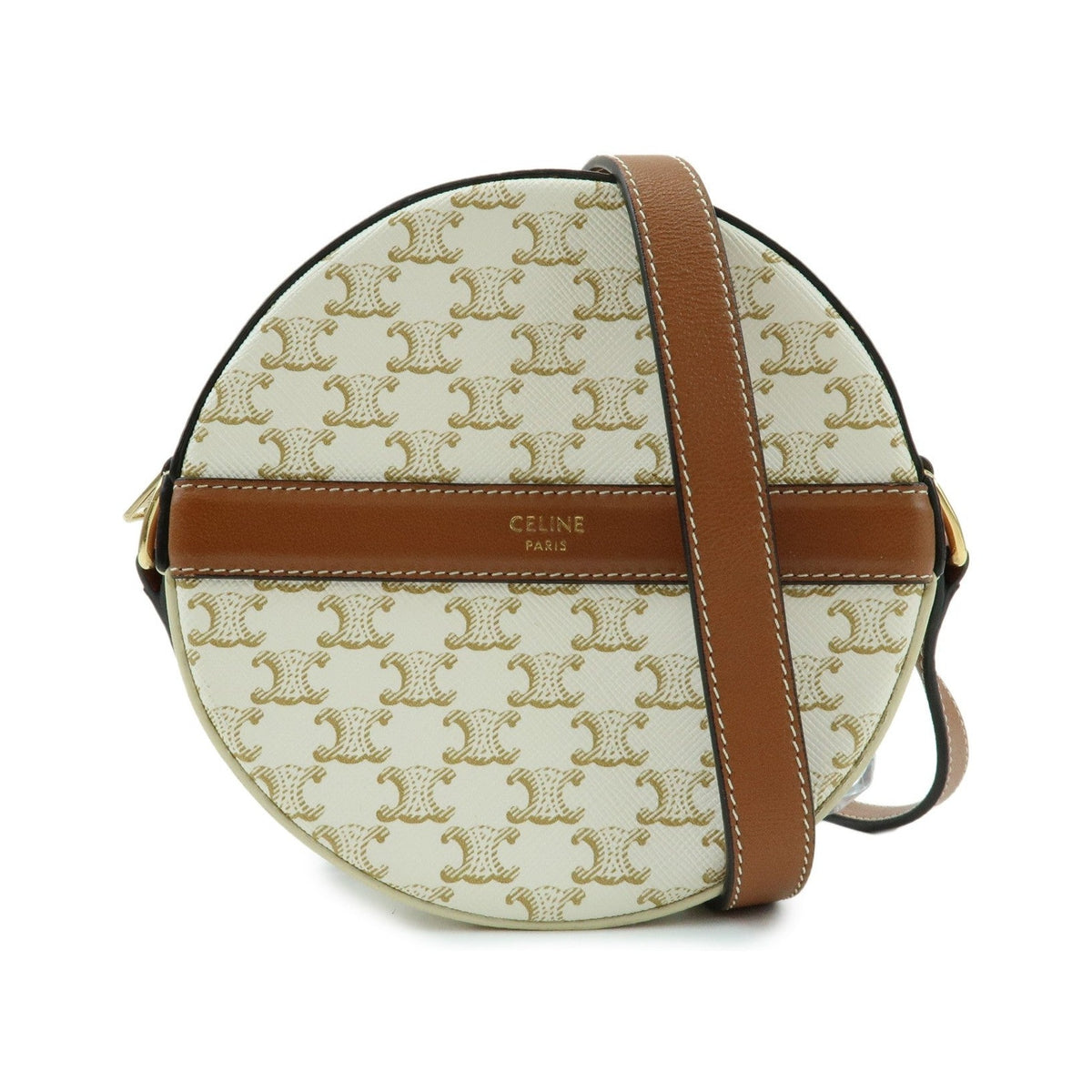 Celine Round Purse on Strap Triomphe Coated Canvas, Beige, Canvas, Crossbody Bag