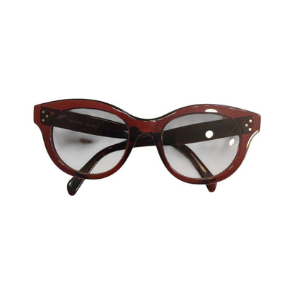 Brandsamsara Celine round-frame sunglasses in red acetate with signature three-dot temple hardware and gradient lenses.
