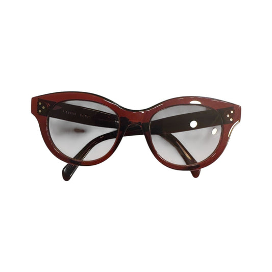 Brandsamsara Celine round-frame sunglasses in red acetate with signature three-dot temple hardware and gradient lenses.
