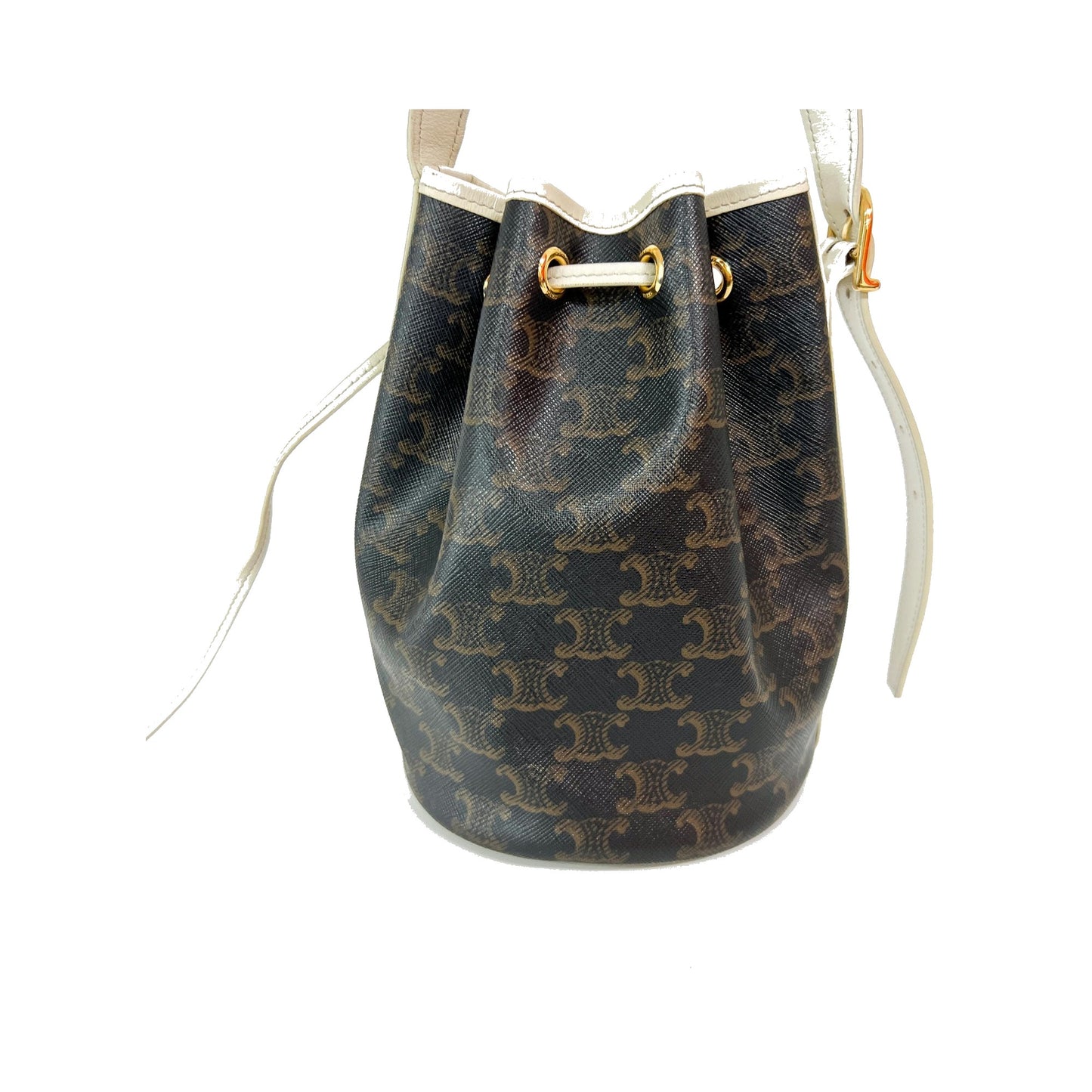 Celine Triomphe Drawstring Bucket Leather, Brown, Canvas, Handbag