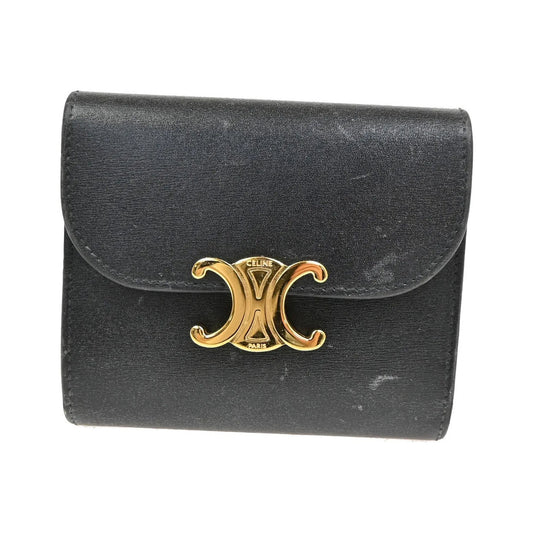 Celine Triomphe Trifold Leather, Black, Leather, Wallet