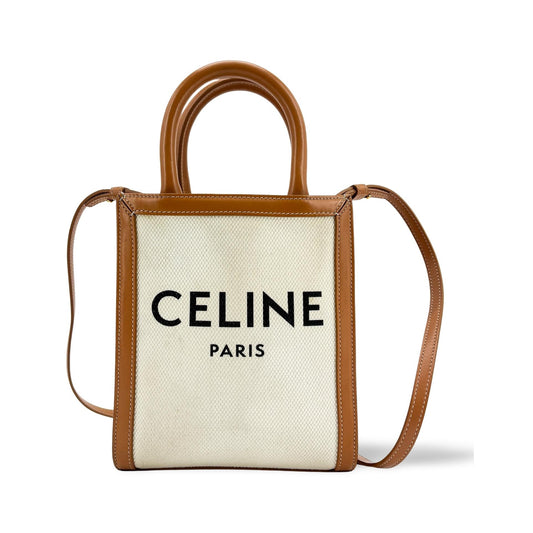 Celine Vertical Cabas Canvas with Leather, Beige, Canvas, Tote Bag