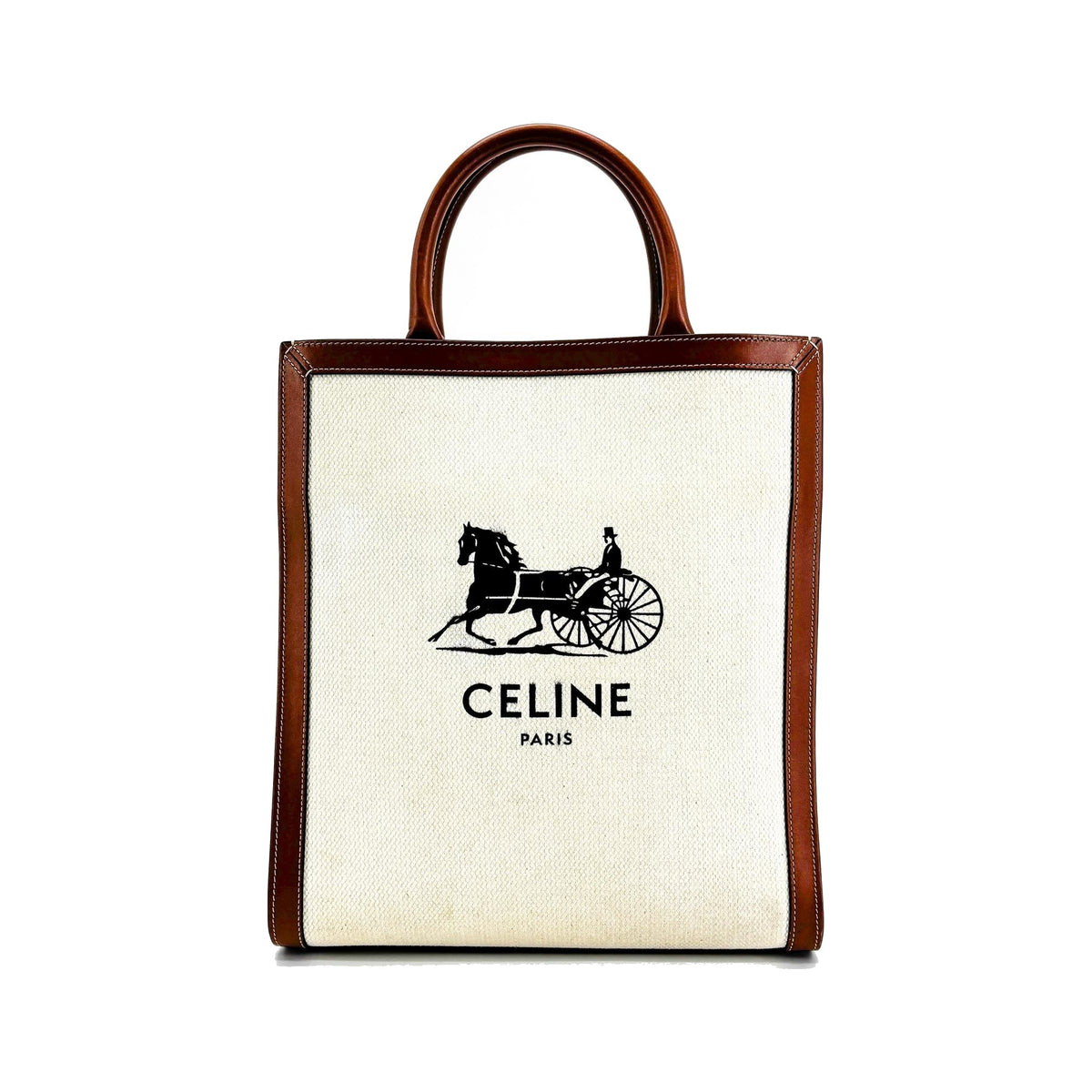 Celine Vertical Cabas Canvas with Leather, White, Canvas, Tote Bag