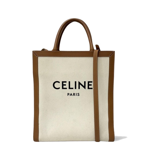 Celine Vertical Cabas Canvas with Leather, White, Canvas, Tote Bag