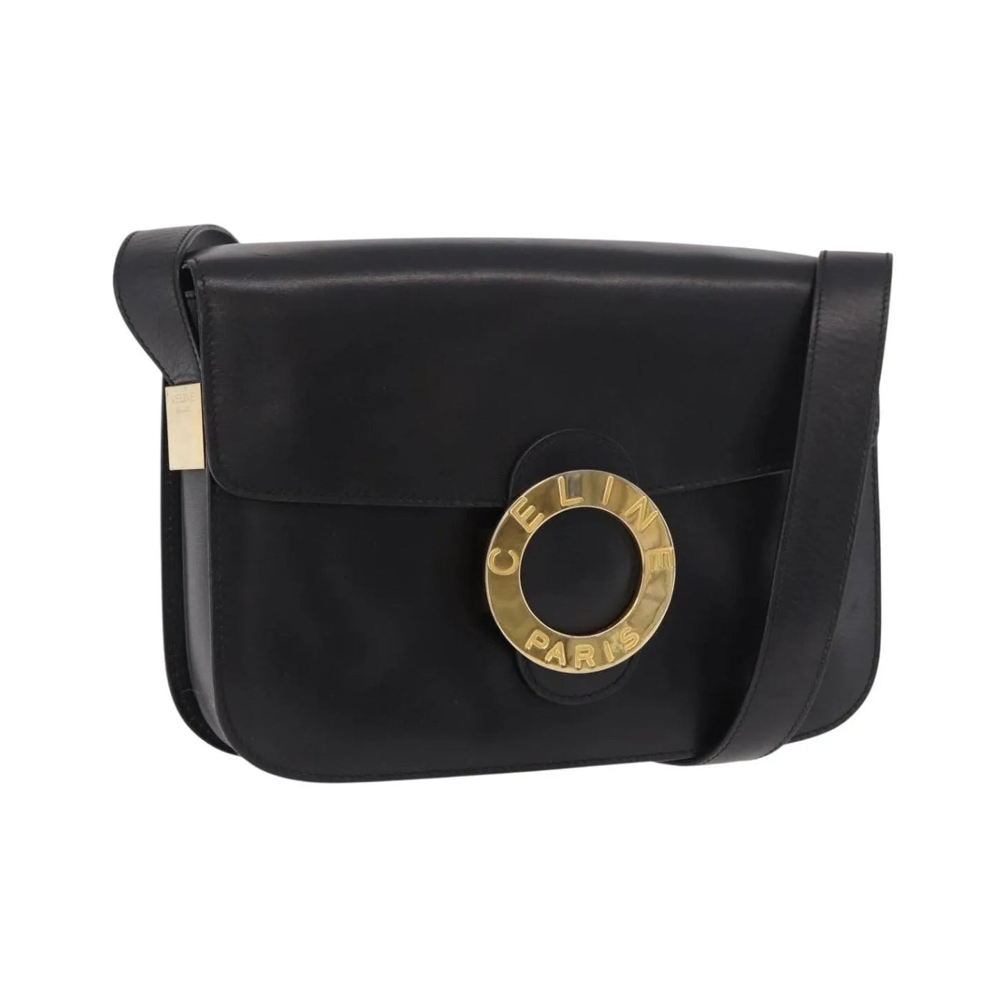 Celine Vintage Circle Logo Leather, Black, Leather, Shoulder Bag