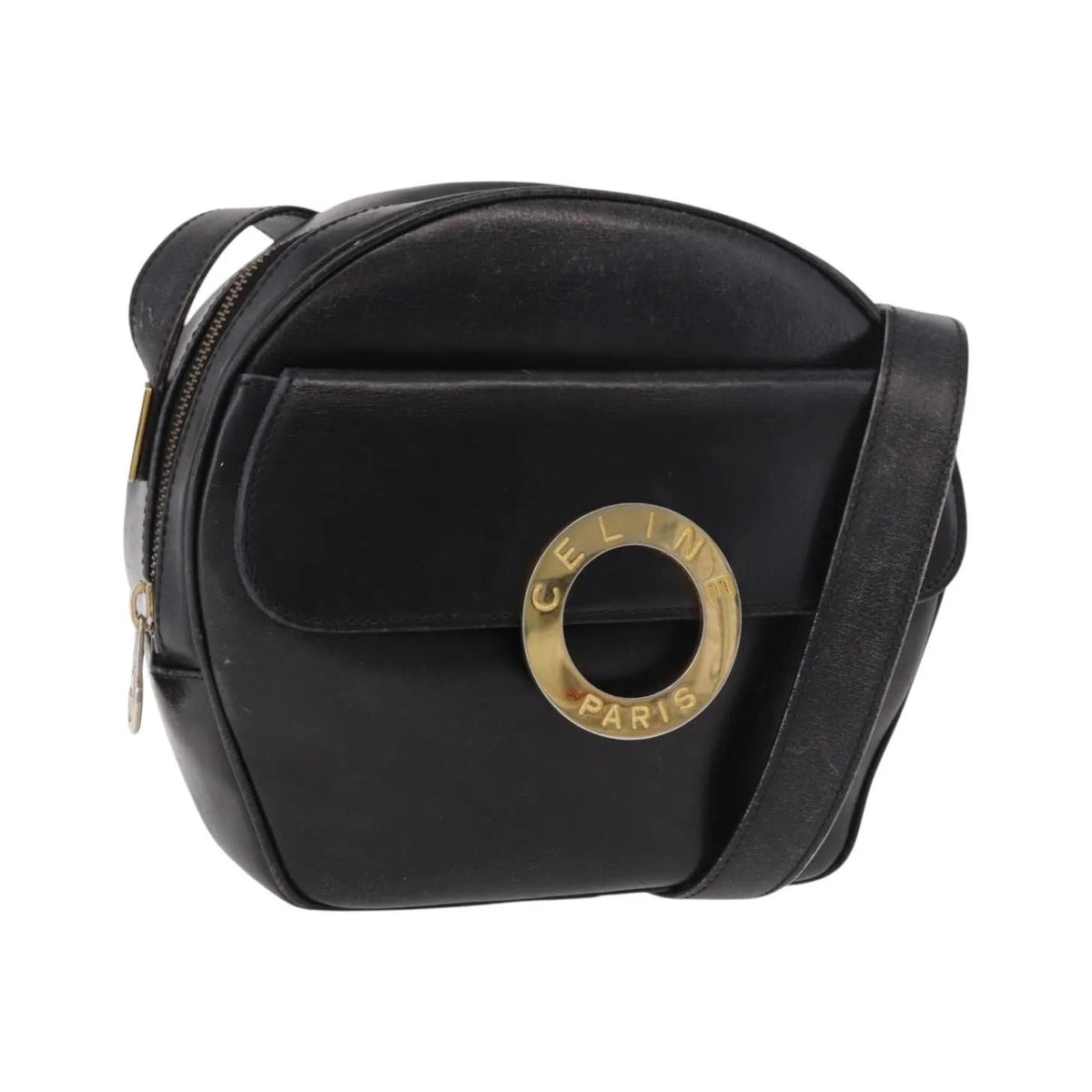 Celine Vintage Circle Logo Leather, Black, Leather, Shoulder Bag