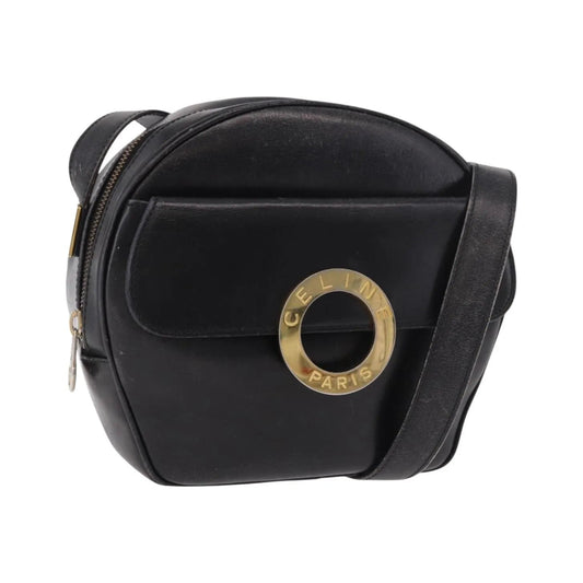 Celine Vintage Circle Logo Leather, Black, Leather, Shoulder Bag