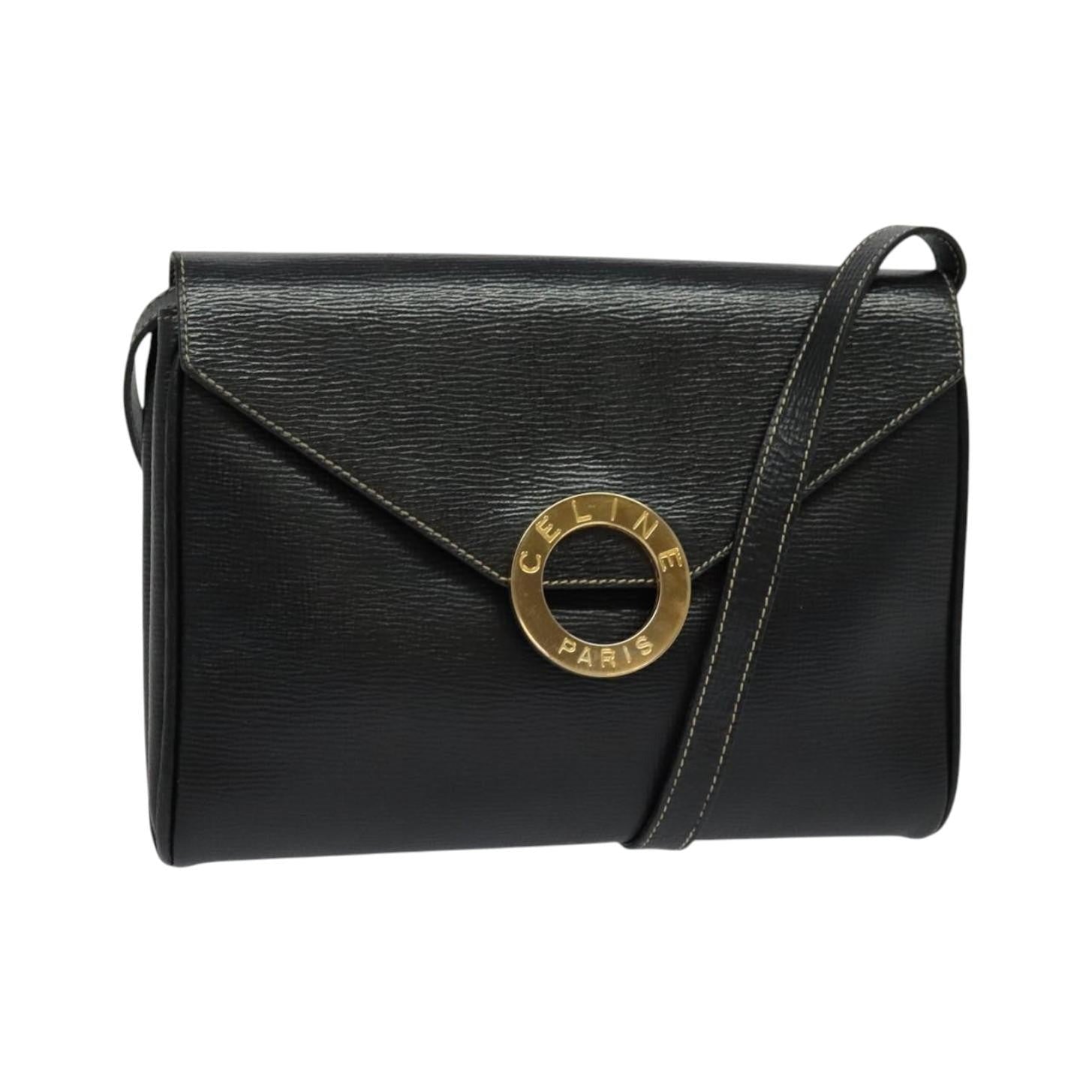 Celine Vintage Circle Logo Leather, Black, Leather, Handbag
